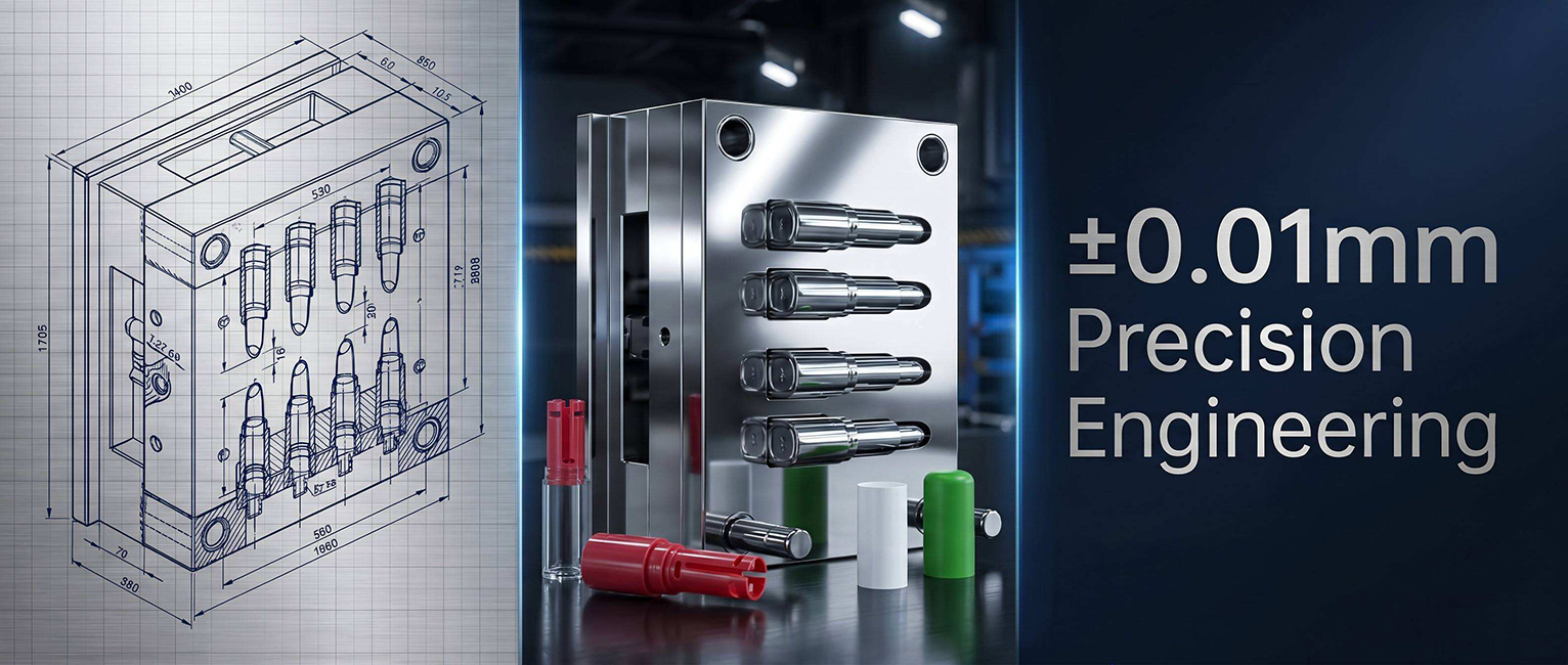 Injection mould drawing beside an eight-cavity precision mould built to ±0.01 mm tolerance by Cents Mould