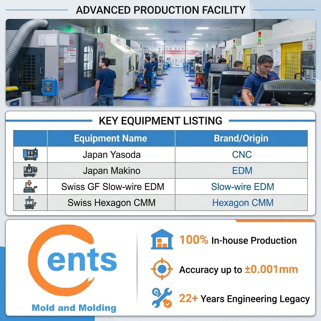 Advanced production facility listing Japan Yasoda CNC, Japan Makino EDM, Swiss GF slow-wire EDM and Swiss Hexagon CMM with 100% in-house production